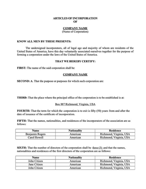 USA Virginia articles of incorporation Word and PDF template